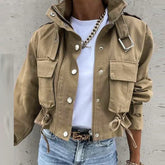 Lizakosht  Women Casual Stand Neck Solid Buckle Coat Fashion Street Style Outwear Elegant Single Breasted Short Coat Autumn Winter Jackets